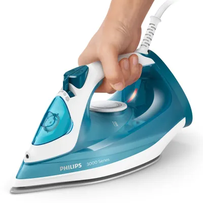 Produktbild von Philips Bügeleisen 3000 Series mit Keramikbügelsohle, 30 g/min kostante Dampfleistung, 2100 W, Blau (DST3011/20)