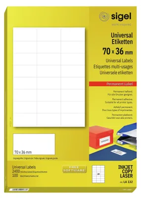 Produktbild von SIGEL LA132 Universal-Etiketten, 70 x 36 mm, weiß, 2400 Etiketten