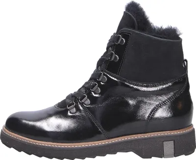 A black leather boot with fur lining is shown from the side against a white background.