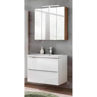Produktbild von Badezimmermöbel Set mit 80cm Keramik-Waschtisch und LED-Spiegelschrank TOSKANA-56 Hochglanz weiß, BxHxT ca. 80/190/46cm