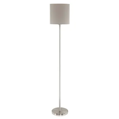 A floor lamp with a taupe shade and a silver pole and base, isolated on a white background.