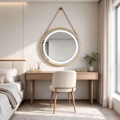 Produktbild von Zimilo LED Badspiegel Rund 50 cm Gold mit Beleuchtung, Wandspiegel Dimmbar Touch, Beschlagfrei Badezimmerspiegel 3 Lichtfarben, mit Lederband