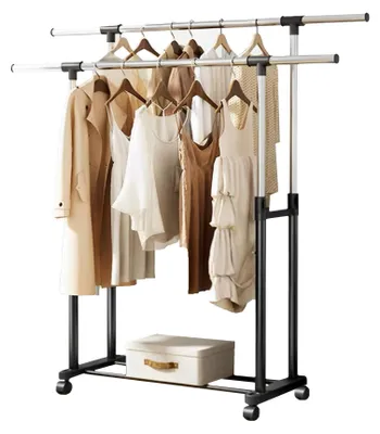 Image de Porte-vêtements sur roulettes, extensible, avec 2 barres et étagères, hauteur réglable, idéal pour l'entrée