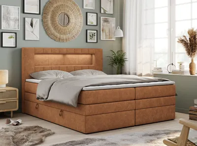 Produktbild von Boxspringbett mit LED Kopfteil und Topper - GOLD-5-KING - 180x200cm - Orange - Mittelfest (H3)