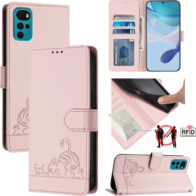 Produktbild von Leder Hülle für Motorola Moto G22 Süße Katze Flip Case Brieftasche Schutzhülle mit Standfunktion Pink