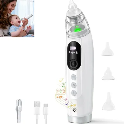 Produktbild von Elektrischer Nasensauger Baby 70KPa, 5 Saugstufen, mit Musik & Licht, USB Aufladbar, 3 Silikonaufsätze, Leiser Nasenreiniger Baby