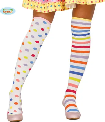 Produktbild von Clown Fröhliche Karneval Muse Bunte Strümpfe Gestreift Gepunktet Farbspiel Spaß Cosplay Accessoire Knie Strümpfe Spaßmacher Party Highlight Festlich Feier, Farbe: Weiß