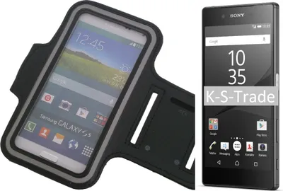 Produktbild von Kompatibel mit Sony Xperia Z5 Neopren Jogging Armband Sportarmband Oberarmband schwarz kompatibel mit Sony Xperia Z5 mit Reflektor Streifen. Fitness