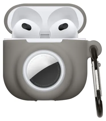 Produktbild von kwmobile 2-in1 Schutzhülle für Apple Airpods 4 Hülle - Kopfhörer Silicon Case kompatibel mit AirTag - stoßfestes Cover mit Karabiner - Grau