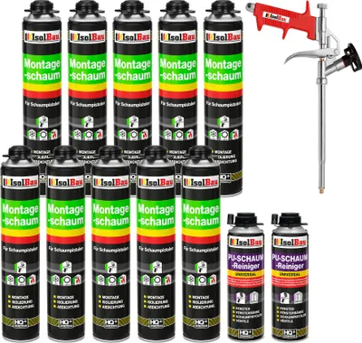 Produktbild von Isolbau Bauschaum-Set - Inkl. 10x 1K Montageschaum Pistolenschaum (je 750 ml), 1x Schaum-Pistole & 2x PolyurethanSchaum-Reiniger (je 500 ml)