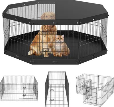 A black metal dog and cat playpen with a dog and cat inside, shown from a slightly elevated angle. Below the main image are three separate wireframe drawings of different configurations of the playpen.