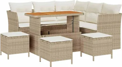 Immagine prodotto di Set da giardino composto da 9 pezzi, divano da 5 posti, colore beige e crema, realizzato in rattan sintetico