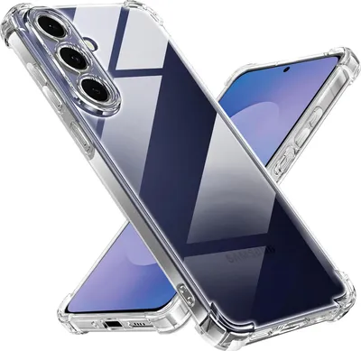 Two transparent phone cases are shown crossed over each other, with one case showing the back of a phone and the other showing the front.