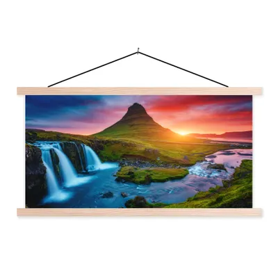 Produktbild von MuchoWow® Textilposter Wasserfall - Berg - Moos - Sonnenuntergang - Natur 60x30 cm mit holzfarbenen Rahmen - Dekoration