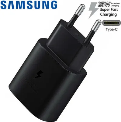 A black Samsung 25W Super Fast Charging Type-C power adapter is shown against a white background.