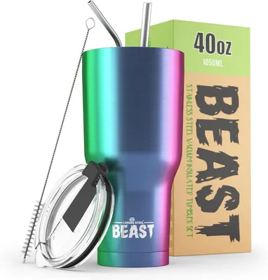 Productafbeelding van Koffiethermobeker - 1100 ml - Regenboog - Roestvrij staal - Herbruikbaar - Thermobeker - 2 rietjes en reinigingsborstel - Dubbelwandig