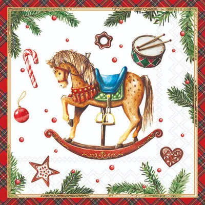 Obrázek produktu pro Vánoční ubrousky 33 x 33 cm, 3vrstvé, 20 kusů Classic rocking horse whiteMix  Houpací kůň Vánoční symboly