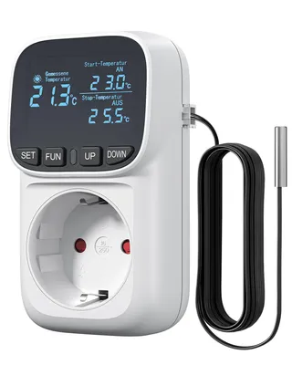 A white digital thermostat plug with a black temperature sensor probe and cable, displayed against a white background.