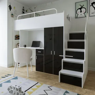 Produktbild von Marlux-Meble Hochbett JSM-4 90x200 mit Kleiderschrank Schreibtisch und Treppe Hochglanz Kinderbetten Funktionsbett Etagenbett Stockbett Kinderhochbett Jugendhochbett (Schwarz Glanz)
