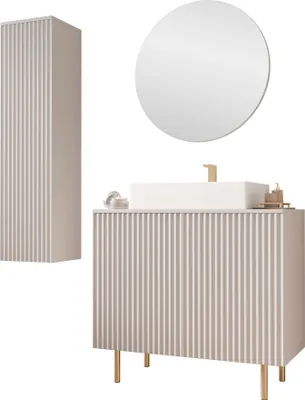 Produktbild von MIRJAN24 Badmöbel-Set Nubia II, Badezimmer-Set mit Spiegel (Farbe: Cashmere, Ohne Siphon, Ohne Waschbecken)
