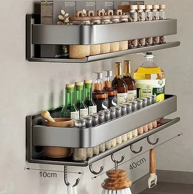 Produktbild von 2X Gewürzregal Wand, 40cm Wandmontage Küchenregal mit 5 Haken, Hängend Küchenhalter Ohne Bohren für Küche, Badezimmer