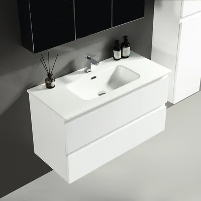 Produktbild von Alpenberger Waschbecken mit Unterschrank 100 cm Breit | Waschtisch Weiß für Gäste WC und Badezimmer | Waschbeckenunterschrank mit Schubladen | Badmöbel Hängend & Keramik Aufsatzwaschbecken