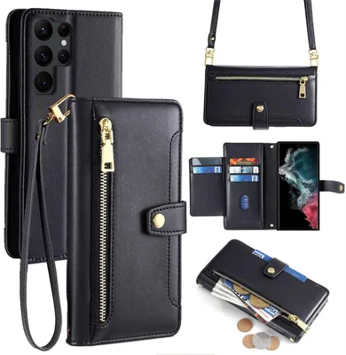 Produktbild von Handykette Samsung Hülle mit Band Handyhülle Kartenfächer Kunstleder Umhängetasche Galaxy S22 Ultra Schwarz