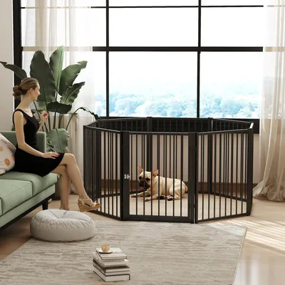 Produktbild von Hundeauslauf 8 Paneele faltbar mit Tür, Welpengehege Hundezaun Stahl, Schwarz | 240 x 120 x 76 cm | 16 kg | In- & Outdoor