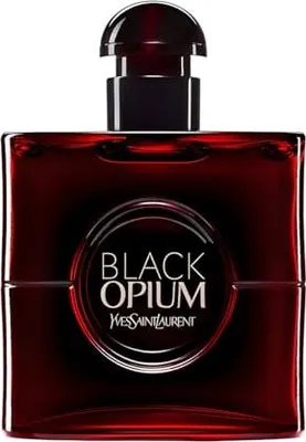 A studio shot of a bottle of YSL Black Opium Over Red Eau de Parfum.