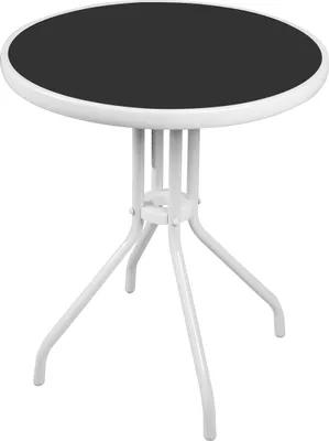 A white bistro table with a black tabletop, shown from a diagonal angle.