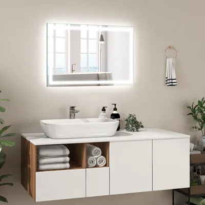 Image de COSTWAY 60 x 40 CM Miroir de salle de bain LED avec luminosité réglable en continu, 3 températures de couleur, antibuée & fonction mémoire