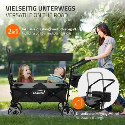 Zdjęcie produktu dla Składany wózek Hauki Bollerwagen z daszkiem, składany wózek ręczny dla dzieci, na plażę, piknik, kemping, duży wózek transportowy XXL w kolorze czarno-szarym, wózek z pojemnikiem i torbą