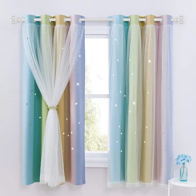 Productafbeelding van Verduisteringsgordijnen Kinderkamer - Sterren Vitrage - Slaapverbetering Kind - Dubbellaags Design - 2 stuks 160x132 cm - Regenboog