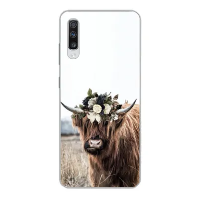 Produktbild von MuchoWow® Handyhülle Schutzhülle Hülle für Samsung Galaxy A70 Schottischer Highlander - Blumen - Tiere Silikon Softcase Handy Hülle - Schutzhaube