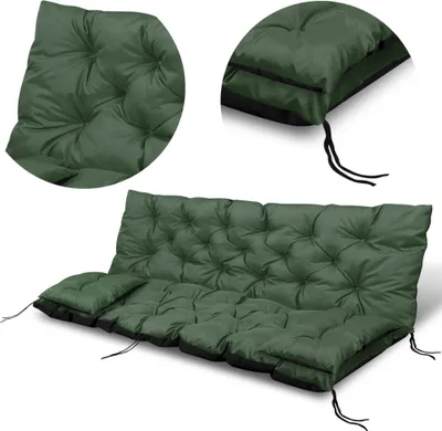 A green tufted cushion set for a garden bench or swing, shown from multiple angles.