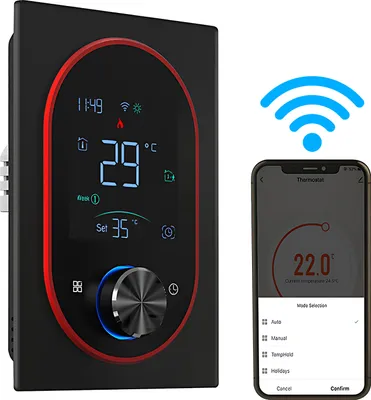 A smart thermostat and a smartphone displaying a thermostat app are shown side-by-side.