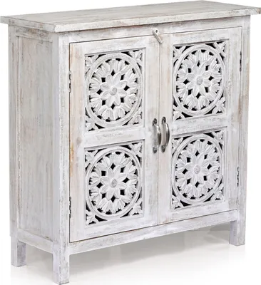 Produktbild von Marrakesch Boho Kommode mit Türen aus Holz weiß 76cm groß | Landhaus Deko kleines Sideboard Komode Ezra Handarbeit für stilvolle Aufbewahrung & Vintage Deko im Wohnzimmer & Schlafzimmer