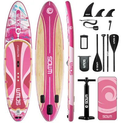 Image de Planche de stand-up paddle gonflable rose - Planche polyvalente - Grande capacité de charge - Idéale pour les loisirs et la pêche