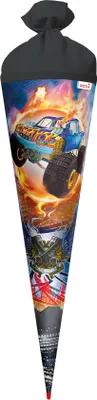 Produktbild von ROTH Schultüte groß Monstertruck Fire 70 cm mit Folieneffekt rund Rot(h)-Spitze Filzverschluss Zuckertüte Schulanfang