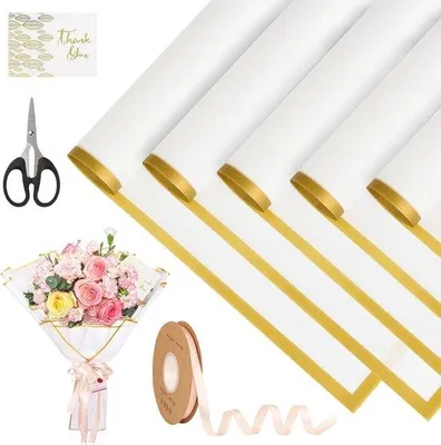 Produktbild von Famanu Geschenkpapier für Blumen - 20 Blätter wasserfest, 58x58 cm - Elegant Weiß mit goldenen Rändern
