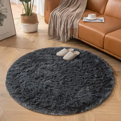 Produktbild von Teppich Rund 120cm Hochflor Waschbar Shaggy Grau Rutschfest für Wohnzimmer Schlafzimmer Flur Kinderzimmer