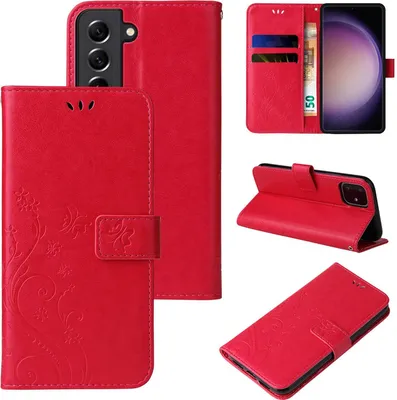 A collage of images showing a red flip phone case with floral and butterfly designs.