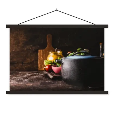 Produktbild von MuchoWow® Textilposter Rustikal - Stilleben - Pfanne - Gemüse 60x40 cm mit schwarzem Rahmen - Hölzernes