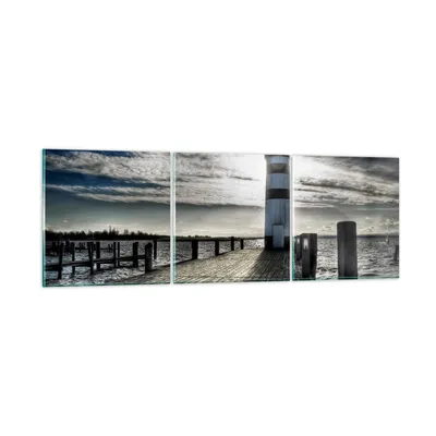 Produktbild von Bilder auf glas - See Leuchtturm Holzbrücke Wasser - 120x40cm - Glasbilder - Wandbilder - Kunstdruck - zum Aufhängen bereit - Wanddekoration aus Glas - Glas Bilder - Wandbild auf Glas - GCA120x40-0330
