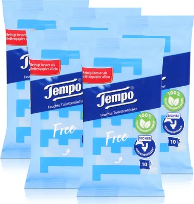 Produktbild von 5x Tempo Feuchte Toilettentücher sanft & pflegend Travelpack, mit Kamille 10er