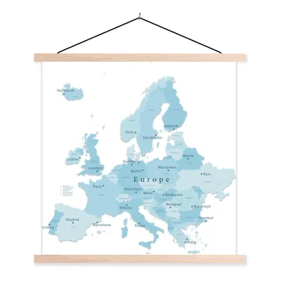 Obrázek produktu pro MuchoWow® Textilní plakát - Mapa Evropy s modře vyznačenými hlavními městy - 40x40cm - S hnědými lamelami