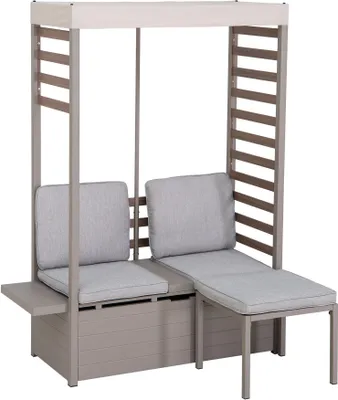 A garden sofa with a canopy and cushions, shown against a white background.