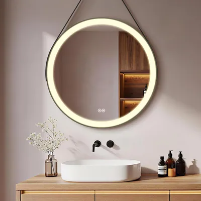 Produktbild von S'AFIELINA 60cm LED Badspiegel Rund Badezimmerspiegel mit Beleuchtung Schwarzer Rahmen Wandspiegel mit Touch-Schalter, 3 Lichtfarbe 3000/4000/6500K