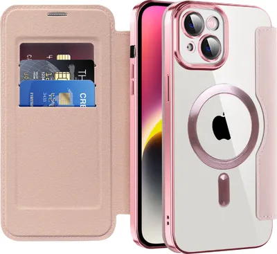 Produktbild von Klapphülle für iPhone 14 Kompatibel mit Magsafe, Klar Überzug Kartenhalter Ledertasche mit Kameraschutz Pink