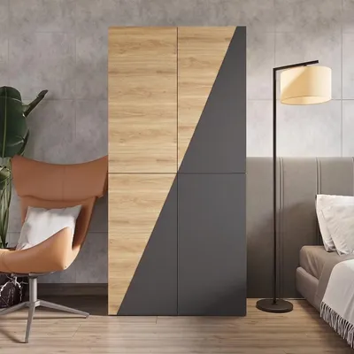 Produktbild von Kleiderschrank mit Aufbewahrungsbox (90x50x200 cm), Drehtürenschrank mit Kleiderstange, Hosenhalter und 2 Schubladen, Holzfarbe + Grau